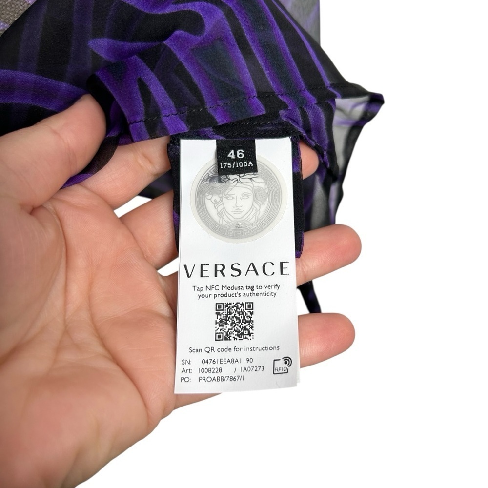 VERSACE Printed Silk Chiffon Shirt Black Orchid Purple Button Down Shirt Size 10 - Picture 11 of 14